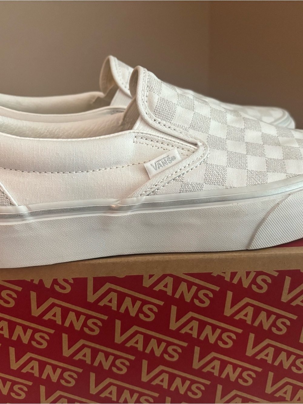 Vans Silver and White Platform Checkerboard Slip-On Sneakers Women’s size 9 AUTH